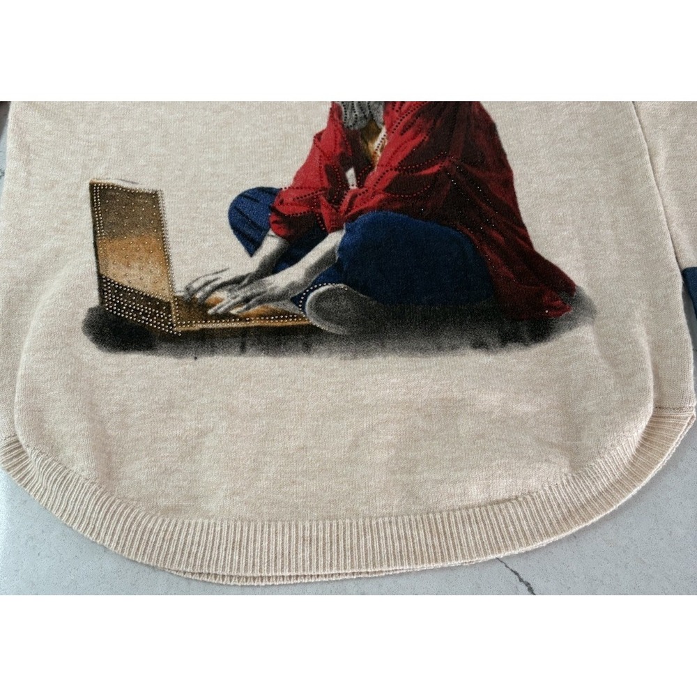 Ness Light Oatmeal Knit 3D knit appliqué Beanie Denim Shirt Collar Large Sweater - Picture 6 of 13